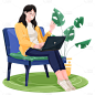 手绘在家办公的女孩职业元素