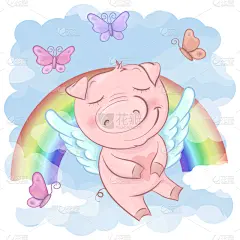 可爱的,猪,彩虹,卡通,云,自然美,小的,动物,农场,问候