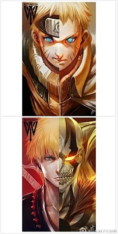 Instagram网友wizyakuza绘制的系列动漫人物，变身前后的对比、宿命中的对手、亦师亦友的亲人等等，完全不同的画风，感觉对原漫画进行了重新的演绎，帅爆了！…