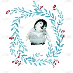 水彩企鹅玫瑰雪花