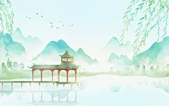 中国风古风春天垂柳古亭山水手绘水彩插画海报背景