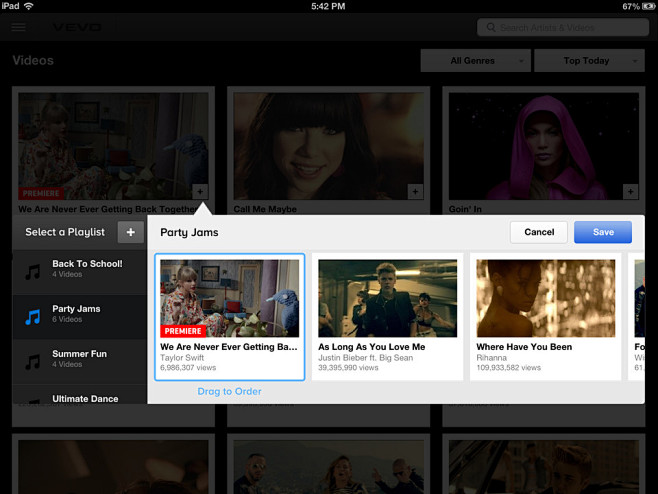 VEVO音乐网站iPad应用界面设计，来...