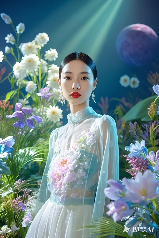 145mm,特写，人像，氛围光，景深，虚化，模特，一个亚洲女模特，模特看观众。它站在一个未知的星球，但植被非常茂盛，有美丽的花朵。半透明，丁达 ...