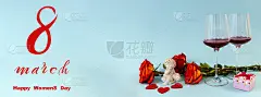 三八妇女节!3月8日的平铺，横幅，鲜花贺卡。