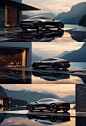 a futuristic car parked in front of a lake, in the style of soft renderings, refined aesthetic sensibility, nul group, 32k uhd, northern china's terrain, futuristic glam, chiaroscuro contrasts --ar 128:63 --s 750