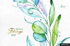 梦幻 手绘 水彩 绿色花卉 花卉 叶子 植物花边图案设计平面设计