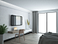 white modern bedroom with shelf behind bed and big terrace window, Michał Wilczyński : white modern bedroom with shelf behind bed and big terrace window