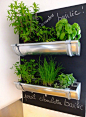 Mount short sections of an eaves trough to a chalkboard for a chic and modern herb garden.