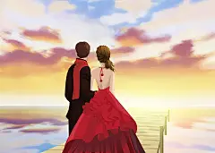 浪漫爱情情侣旅游场景插画