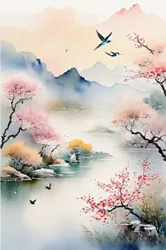 写意山水中国风水墨画山水画插画