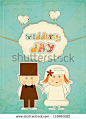 Wedding Card - Groom, Bride, Pigeons on Retro Background with hand drawn text Wedding Day - Vector Illustration - stock vector