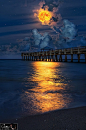 Full Harvest Moon over Juno Beach Pier, Florida  金秋时节的圆月在朱诺海滩码头，佛罗里达州
