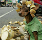 台湾的网友在菜市场看到的一只很敬业的狗狗，端午节的时候它在卖粽子，然后又卖荔枝最近敬业汪在卖竹笋。。。