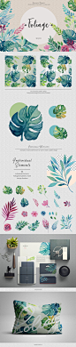 树叶水彩插画设计免扣素材合辑包 Foliage Watercolor Design Kit :