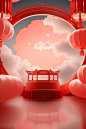celebration frame with lanterns and chinese lanterns red backdrop for decoration png &, in the style of rendered in cinema4d, atmospheric clouds, circular shapes, reflective surfaces, liam wong, smooth and curved lines, multilayered texture
