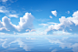 clouds over a blue sky above a small lake, in the style of physically based rendering, high-key lighting, highly polished surfaces, rendered in maya, high horizon lines, serene maritime themes, light silver and white