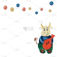 2021年，牛，儿童插画，地方题词，新年，寒假，水彩画，彩雪球，礼物，有蹄动物，心情