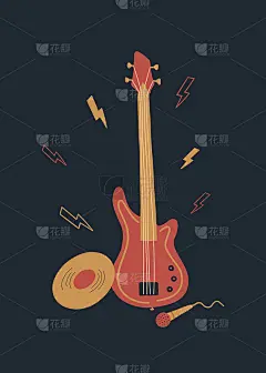 矢量音乐设计与低音吉他，乙烯基，麦克风和闪电。卡通涂鸦插图的邀请，卡片，海报，印刷或传单。