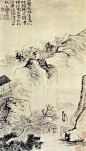 一带长林送远秋，坡头想见读书楼。行来不觉衣衫湿，翠滴阴浓日午收。
（清 石涛 山水）