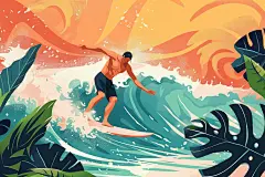 扁平风冲浪夏天海浪插画