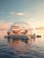 a futuristic transparent shelter in a sea that is floating on top, in the style of vray tracing,Made of transparent soft material,Lots of warm and colorful furniture inside,extreme loneliness,minimalist design, super cool,sunny environment,dreamy and roma