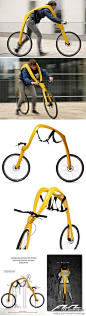 【用脚跑的自行车】由德国人设计的一款自行车Fliz Bike，它没有踏板、链条、坐垫等，两个轮子靠着一个“马具”相连，而为了保持平衡，骑车者则是被拴在这个“马具”上，靠着自己的双脚跑动带动轮子前行。http://t.cn/zWuclmJ
