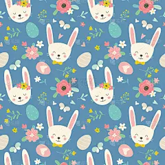 复活节无缝图案卡通风格。孩子们用简单的兔子、蝴蝶、复活节彩蛋和鲜花画出了五颜六色的图画。