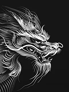中国龙头的侧面，黑底白线绘制，呈载体插图风格。解构极简线条。