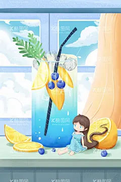 二十四节气小暑  - 源文件下载【酷图网】蓝色,清新,扁平风,二十四,节气,小暑,小女孩,插画