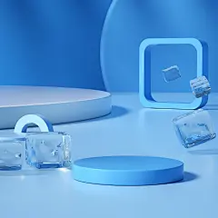 C4D建模场景背景夏季蓝色展台主图凉感冰感冰块