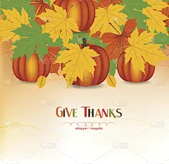 手绘的感恩节贺卡，上面有树叶，南瓜