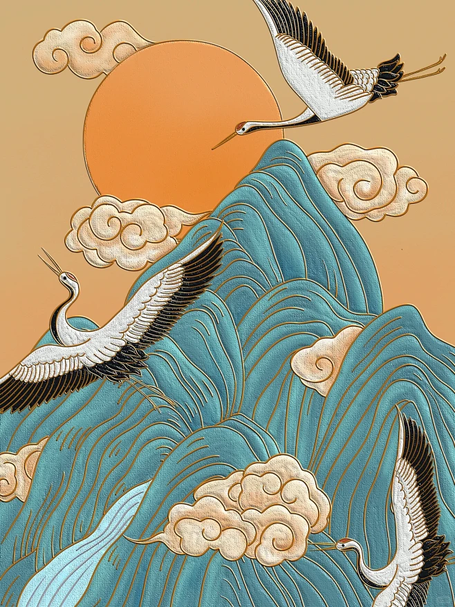 仙鹤7｜仙鹤祥云高山流水装饰画｜掐丝珐琅-花瓣网