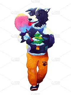 可爱的潮狗吃糖果棉花水彩画插图手绘