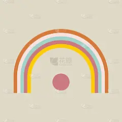 复古60 - 70年代风格与彩虹嬉皮太阳在一个简单的线性风格。天真的波西米亚风格的手，节日的色彩和音