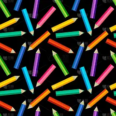 无缝模式与彩色铅笔孤立在黑色背景。最小平面风格矢量插图。