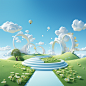 Stage design, close-up s-shaped curve with grass on both sides, cows, blue sky and white clouds, 3d rendering, c4d, vibrant stage background, symmetrical composition