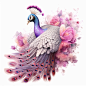 a stunning rendition of purple, white and pink peacock made of intricate details, hyperrealistic, whimsical, octane render, very colorful, vibrant, cinematic, ornate, watercolor style clipart