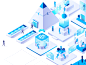 Smart City glow vector network connected internet web design devices technology future isometric city blue