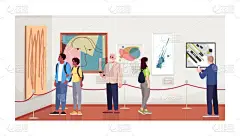 当代艺术画廊里的人都有半平面的矢量插图.两个人一起看展览和收藏品，给绘画拍照。艺术馆游客2D卡通人物