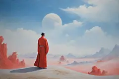 红色建筑与汉服男子宋代工笔山水画