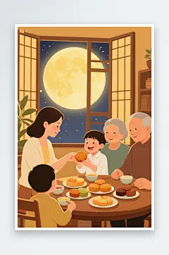 团圆饭玉兔赏月亮中秋节阖家团圆人物插画