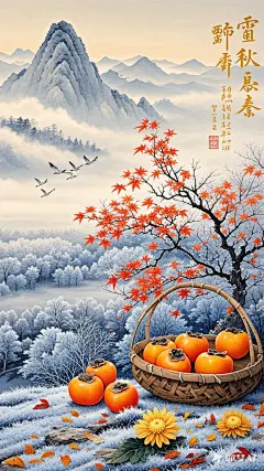 霜降海报可以这样设计。_ 首先，确定一个主题，比如 “霜落秋意浓，静候冬日来”。整体色调以冷色调为主，如蓝色、紫色与暖色调的橙色、黄色相搭配，体现霜降时节的清冷与秋末的温暖交织。_ 背景可以是一片被霜