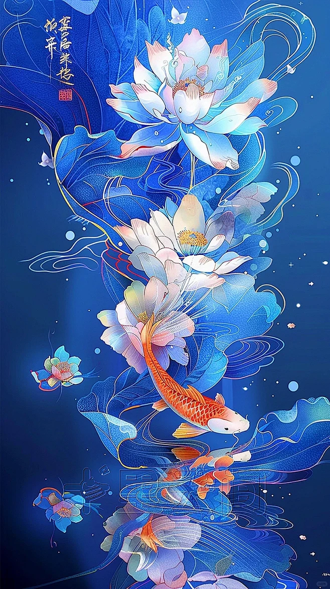 国潮插画-荷花与锦鲤 - 小红书