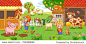 The girl and mother on the farm look after the animals. Children with animals in the farm courtyard vector illustration in cartoon style.