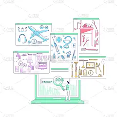 求职细线概念矢量插图。男求职者，就业顾问，男用放大镜做网页设计的2D卡通人物。职业指导服务创新理念