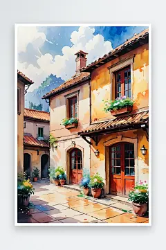 手绘油画老房子四合院插画-众图网