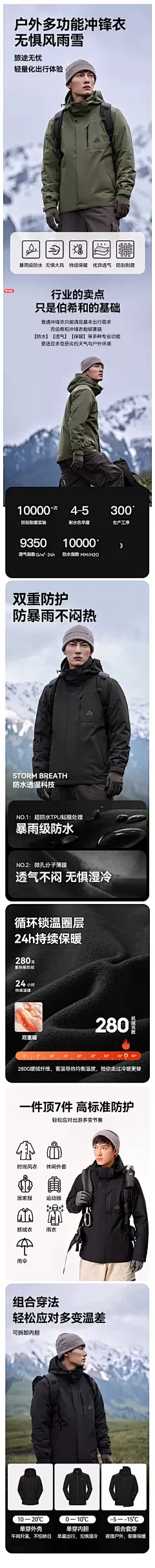 伯希和冲锋衣男款三合一可拆卸23秋冬季防风外套户外防水登山服装-tmall