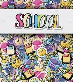 学校元素剪贴艺术涂鸦卡通风格的贺卡。手绘矢量插图的旗帜或传单。印刷文本。