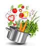 fresh vegetables flying in a pot on an isolated white background