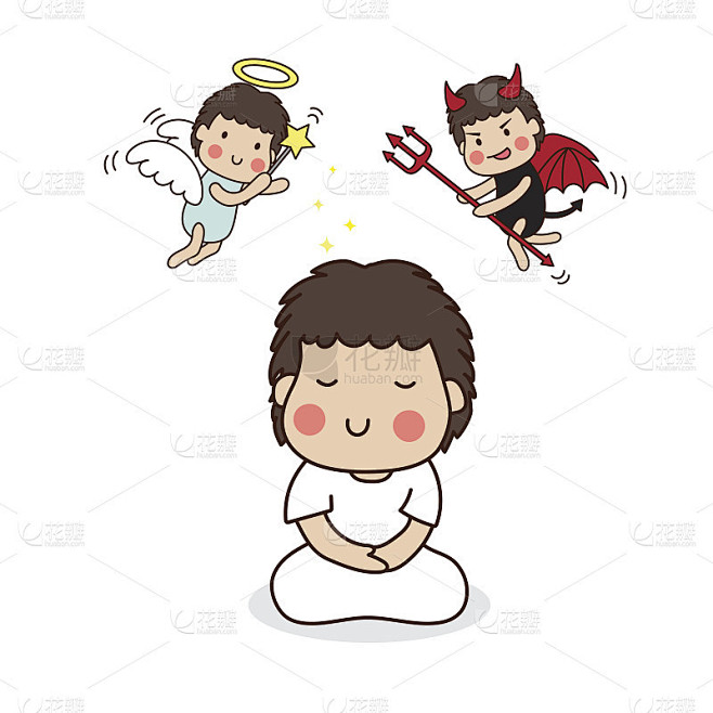 男孩沉思。天使和魔鬼。